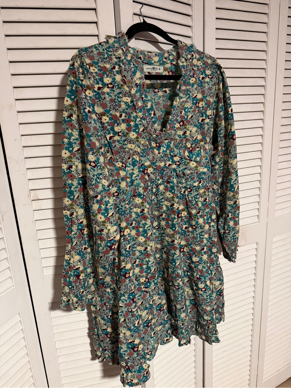 Anthropologie Teal Floral Long-Sleeve Tunic Dress